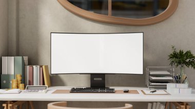 Beyaz ekran bilgisayar bir yana hesap makinesi ve içinde kitap ve klasör olan altın sikkeler çalışma masasında ya da oturma odasında. 3 Boyutlu Hazırlama, 3 Boyutlu Resim.