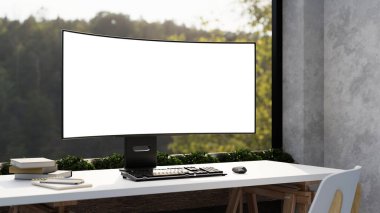 Beyaz kıvrımlı ekran bilgisayar ve kalemle tahta masanın üstünde cam duvarlı bir çatı katında sandalyesi olan kitaplar. Çalışma ya da Çalışma, 3B Hazırlama, 3B Resim.