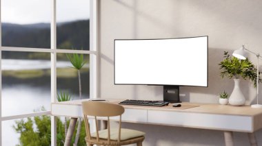 Boş eğri ekran bilgisayar vazo ve lamba ile masa üzerinde ahşap sandalye ve cam duvar odası. Çalışma ya da Çalışma, 3B Hazırlama, 3B Resim.