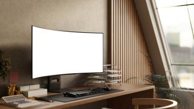 Hesap makineli beyaz ekran bilgisayar, altın sikke ve güneşli odada, eğimli pencereli ahşap masa üzerinde banknot. Ad Mockup, 3D Yapılandırma, 3B Görüntü.