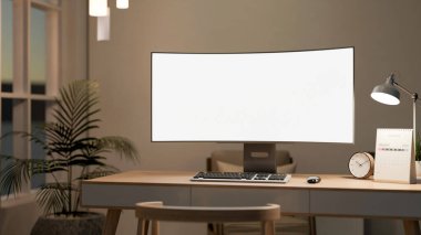 Saati olan kıvrımlı bir bilgisayar, oturma odasındaki ahşap masada lamba ışığının altında takvim. Çalışma ya da Çalışma, 3B Hazırlama, 3B Resim.