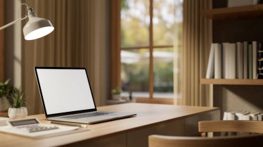 Hesap makineli boş ekran dizüstü bilgisayar. Tahta masa üzerinde lamba ve oturma odasında kitaplık. Çalışma ya da Çalışma, 3B Hazırlama, 3B Resim.