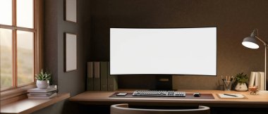 Boş kıvrımlı ekranlı bilgisayar, loş ışıklı oturma odası ya da ofisteki ahşap masada duruyor. Çalışma ya da Çalışma, 3B Hazırlama, 3B Resim.