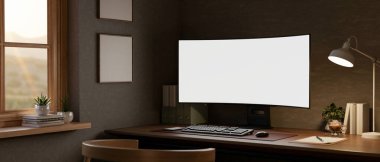 Loş ışıklı bir oturma odasında ya da ofisinde, ahşap masa üzerinde durgun ve lamba olan beyaz eğimli ekran bilgisayar. Çalışma ya da Çalışma, 3B Hazırlama, 3B Resim.