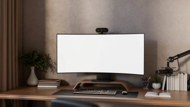 Boş kıvrımlı ekranlı bilgisayar, canlı kamera ve mikrofon loş bir odada ya da ofiste, ahşap masanın üzerinde. Podcast kurulumu, 3B Hazırlama, 3B Görüntü.