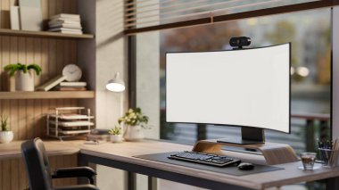 Ahşap masada beyaz eğri ekran bilgisayar ve modern oturma odasında koltuk veya cam duvar ofisi. Çalışma Masası Kurulumu, 3B Hazırlama, 3B Resim.