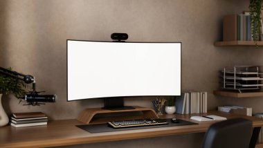 Modern yatak odası ya da ofisindeki ahşap masa üzerinde web kamerası ve mikrofon olan beyaz eğri ekran bilgisayar. Canlı Podcast kurulumu, 3D Hazırlama, 3B Görüntü.