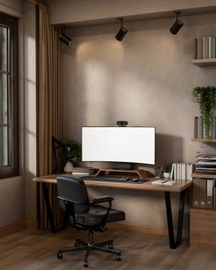 Modern yatak odasında ya da ofiste, üzerinde web kamerası ve mikrofon olan boş eğri ekran bilgisayar. Canlı Podcast kurulumu, 3D Hazırlama, 3B Görüntü.