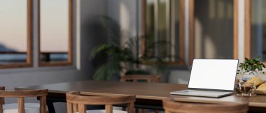 Ekmek ve kahve fincanı olan beyaz ekran dizüstü bilgisayar ahşap çerçeveli pencereli bir yemek odasında. Çalışma ya da Çalışma, 3B Hazırlama, 3B Resim.