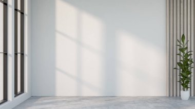 Beton zeminde çömlek içinde ev bitkisi. Çatı katı tarzında beyaz duvar. Modern ev ya da ofis binası. 3 Boyutlu Hazırlama, 3 Boyutlu Resim.