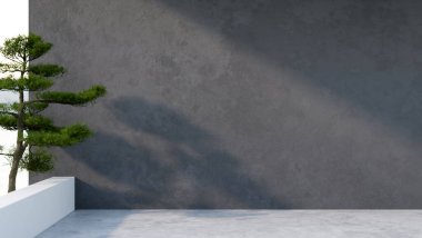 Bonsai ya da çam ağacı bir yana siyah duvar ve çatı katı tarzı modern ev ya da ofis binasının beton zemini. 3 Boyutlu Hazırlama, 3 Boyutlu Resim.