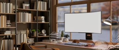 Beyaz eğri ekran bilgisayar ve ahşap masanın üzerinde kahve oturma odasında ya da ofiste kitaplığın yanında. Çalışma ya da Çalışma, Model, 3B Hazırlama, 3B Resim.