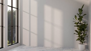 Mermer zeminde çömlek içinde ev bitkisi beyaz duvar ve modern ev ya da ofis binasının cam penceresi. 3 Boyutlu Hazırlama, 3 Boyutlu Resim.