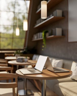 Boş ekran dizüstü bilgisayarlar, kahve fincanı ve bir kafede ya da kahve dükkanında yuvarlak ahşap tabure üzerinde kitap. Çalışma ya da Çalışma, 3B Hazırlama, 3B Resim.