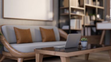 Yastık yastıkları ve dizüstü bilgisayarı olan ahşap bir kanepe. Kahve ve saksı bitkisi cam ahşap masa üzerinde. Çalışma ya da Çalışma, 3B Hazırlama, 3B Resim.