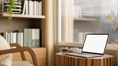 Beyaz ekran dizüstü bilgisayar ve ağaç kütüğündeki sehpada kahve. Oturma odasında koltuk ve kitaplık da var. Çalışma ya da Çalışma, 3B Hazırlama, 3B Resim.