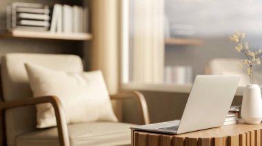 Dizüstü bilgisayar ve çiçek vazosu ağaç kütük masasında, koltuğu ve kitaplığı güneşli bir odada ya da kütüphanede. Konforlu iç mekan, 3D tasarım, 3B Görüntü.