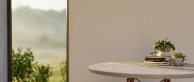 Defterler ve saksı bitkileri mermer tabureye ve modern evin beyaz duvar odasındaki cam kapıya. Minimalist İçişleri, 3D Görüntü, 3B Görüntü.