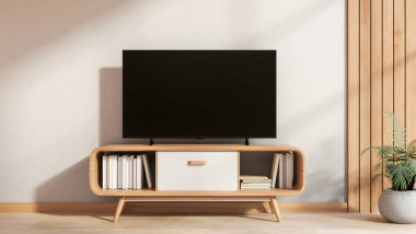 Ahşap zemin üzerinde televizyon ve modern bir evin güneşli koridorunda beyaz duvar. Konforlu iç mekan, 3D tasarım, 3B Görüntü.