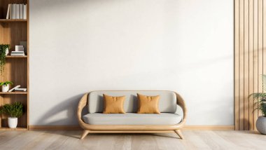 Yastıklı ahşap taban kanepe modern bir evin güneşli odasındaki parke zeminde beyaz duvar. Konforlu iç mekan, 3D tasarım, 3B Görüntü.