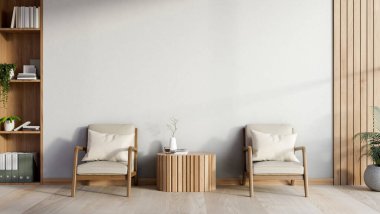 Ahşap koltuk ve ağaç kütük sehpası, modern bir evin güneşli odasındaki parke zeminde beyaz duvar. Konforlu iç mekan, 3D tasarım, 3B Görüntü.