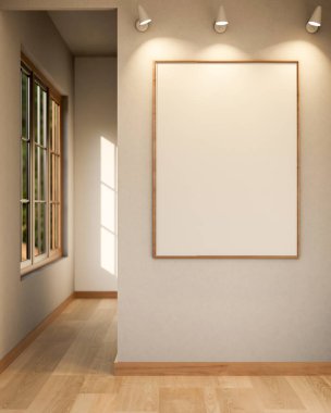Empty frame with spotlight on white wall and wooden parquet floor corridor in gallery or exhibition. Advertising Mockup, 3D Rendering,3D Illustration.
