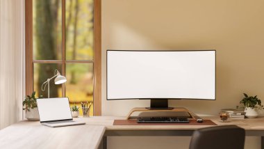 Boş eğri ekran bilgisayar dizüstü bilgisayar ve lamba oturma odasının köşesindeki pencere kenarında. Reklam Modeli, 3B Yapılandırma, 3B Görüntü.