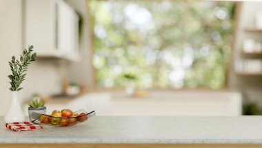 Elmalar cam tabakta, bulaşık bezi yanında saksı bitkisi modern ev mutfağında mermer mutfak tezgahında. Yemek odası, 3D görüntüleme, 3D Görüntü.