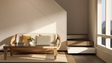 Ahşap masa ve kanepe beyaz duvar ve parke zemin üzerinde penceresinden güneş ışığı geçen merdivenler. Çalışma ya da öğrenim, 3B canlandırma, 3B İllüstrasyon.