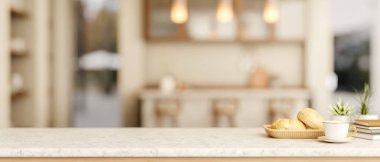 Mutfakta ya da yemek odasında tezgah ve dolapta mermer masanın üzerinde kahve fincanı. Çalışma ya da öğrenim, 3B canlandırma, 3B İllüstrasyon.