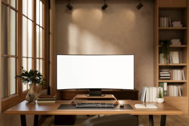 White screen laptop aside books and vase on wooden table across sofa and bookshelf in a living room. Working or study, 3D rendering, 3D Illustration.