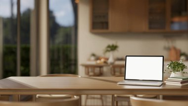 Kitaplarla dolu boş ekran dizüstü bilgisayar ve mutfak tezgahının karşısındaki ahşap masada saksı bitkisi. Çalışma ya da öğrenim, 3B canlandırma, 3B İllüstrasyon.