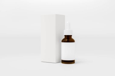 Blank label skincare liquid serum in amber glass dropper bottle and package box on white background. Advertising Mockup, 3D Rendering, 3D Illustration.