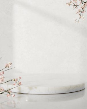 Beyaz arka planda kiraz çiçeği dallı boş mermer ekran platformu. Reklam Modeli, 3B Yapılandırma, 3B Görüntü.