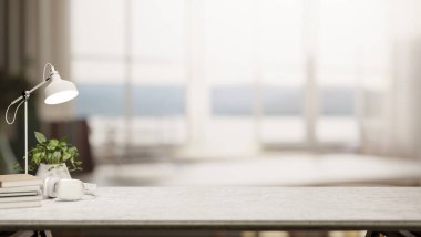 Lamba ve kitaplar, parlak oturma odasındaki cam pencerenin karşısındaki mermer tezgahın üzerinde saksı bitkisi. Ürün Ekranı, 3D Görünüm, 3B Görüntü.