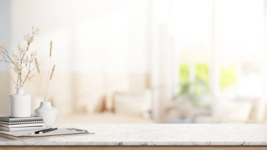 Kağıt üzerinde kalem ve parlak bir oturma odasında mermer tezgah üzerinde vazo üzerinde vazo. Ürün Ekranı, 3D Görünüm, 3B Görüntü.