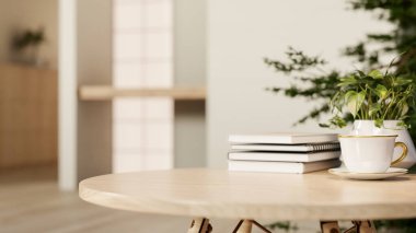 Seramik fincanda kahve ya da çay ve kitap bir yana modern oturma odasında ya da kafede ahşap masa üzerinde saksı bitkisi. Ürün Ekranı, 3D Görünüm, 3B Görüntü.