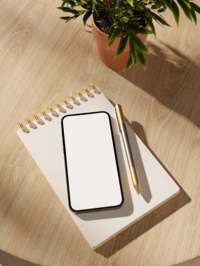 Not defterinde kalemle beyaz ekran akıllı telefon ve parlak güneş ışığında ahşap masada esrar bitkisi. Reklam Modeli, 3B Yapılandırma, 3B Görüntü.
