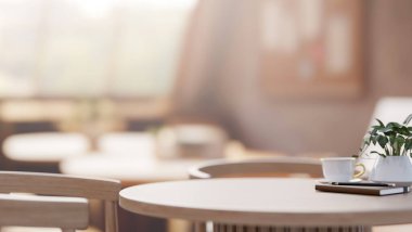 Kahve fincanı ve vazo ile kitap üzerine kalem, ahşap masa üzerine vazo ve parlak güneş ışığı olan kafede sandalye. Ürün Ekranı, 3D Görünüm, 3B Görüntü.