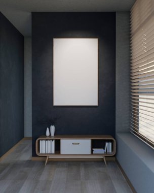 Koyu mavi duvardaki boş çerçeve ahşap çekmecenin üzerinde parke zemininde ve loş odada pencere perdeleri. Reklam Modeli, 3B Yapılandırma, 3B Görüntü.