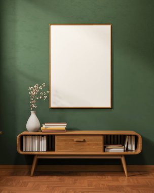 Çiçek vazosunun üzerindeki koyu yeşil duvardaki beyaz çerçeve ve ahşap fayans odasındaki çekmece masasının üzerindeki kitap. Reklam Modeli, 3B Yapılandırma, 3B Görüntü.