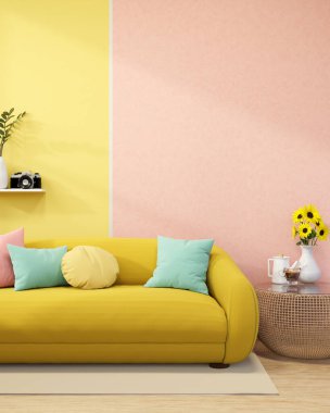 Kanepede renkli yastıklar ve üzerinde ayçiçeği vazosu olan çaydanlık sarı ve pembe duvarlı oturma odasında. İç Modelleme, 3D Yapılandırma, 3B Görüntü.