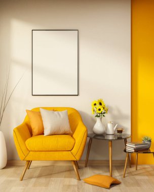 Duvardaki çerçeve ve oturma odasında ya da kafede üzerinde ayçiçeği vazosu ve çaydanlık fincanı olan sarı kanepe. İç Modelleme, 3D Yapılandırma, 3B Görüntü.