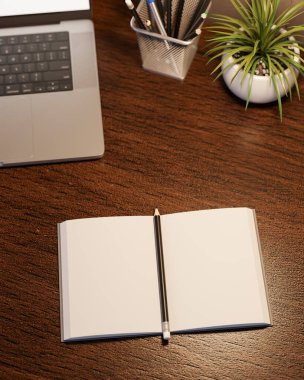 Dizüstü bilgisayarı ve sabit saksısı olan, tahta masanın üzerinde duran bir kalemin en üst görüntüsü. Reklam Modeli, 3B Yapılandırma, 3B Görüntü.