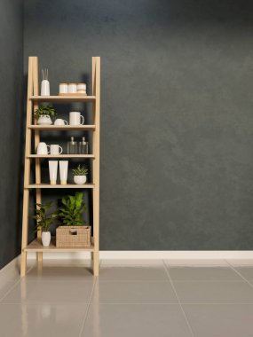 Utensillerin rafı beyaz fayansların üzerinde, odanın köşesindeki koyu renkli gri duvarın yanında. Ürün Ekranı, 3D Görünüm, 3B Görüntü.