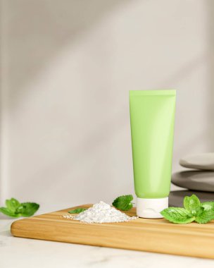 Yeşil tüp losyonu, tuz yığını ve mermer tezgahtaki ahşap tepside nane yaprakları. Gün ışığında. Ürün Ekranı, 3D Görünüm, 3B Görüntü.