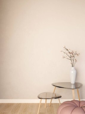 Cam masadaki vazoda sakura çiçekleri ve parke zemindeki duvarda pembe kabak taburesi. Ürün Ekranı, 3D Görünüm, 3B Görüntü.