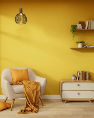 Lambanın altında yastık, çekmece masası ve sarı duvar odası veya kafeteryada asılı kitap rafı olan kanepe. İç Modelleme, 3D Yapılandırma, 3B Görüntü.