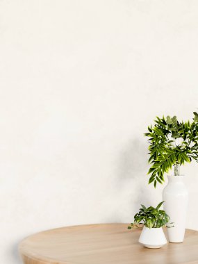Yeşil saksı bitkisi ve seramik vazo yuvarlak ahşap masa bir yana boş beyaz duvar bir oda veya kafe. İç Modelleme, 3D Yapılandırma, 3B Görüntü.