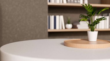 Seramik çömlekte canavar bitkisi, ahşap tepside, kütüphane odasındaki kitaplığın karşısındaki beyaz yuvarlak masanın üzerinde. İç Modelleme, 3D Yapılandırma, 3B Görüntü.